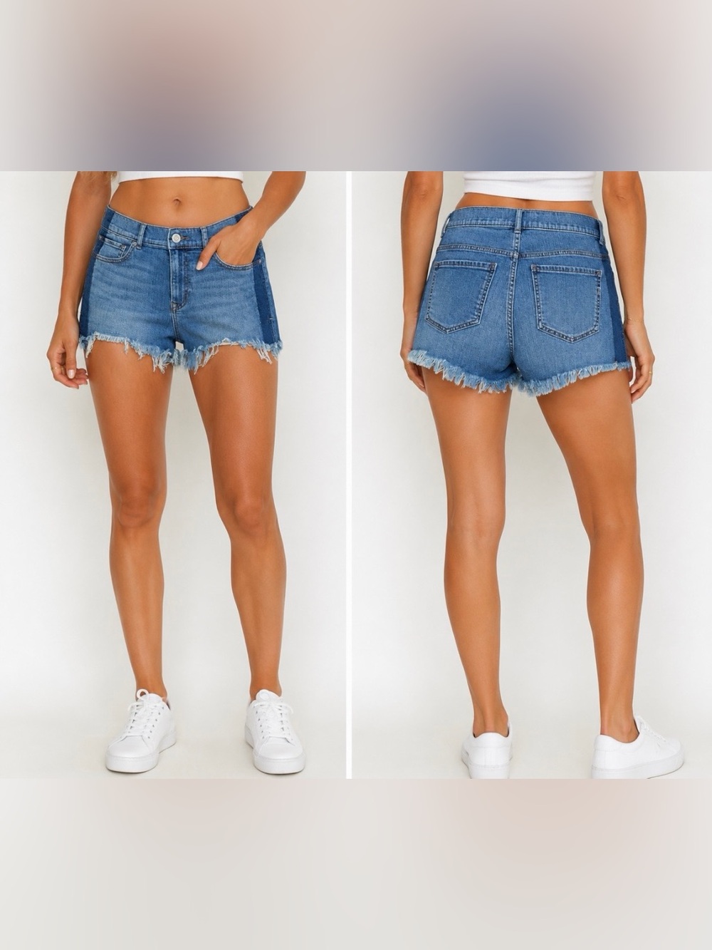 EXPRESS Mid-Rise Frayed Hem Shortie Stretch Denim Shorts with Stripe